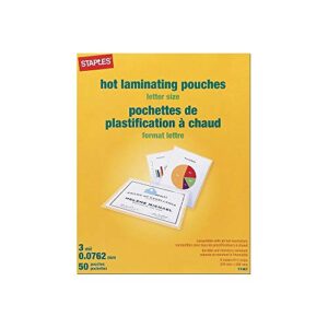 staples letter size thermal laminating pouches, 3 mil, 50 pack