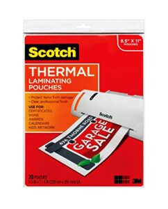 scotch thermal laminating pouches, 3 mil thick, durable, clean finish, professional, quality, 8.9 x 11.4-inches, 20-pack, clear (tp3854-20)