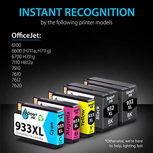 Smart Ink Compatible Ink Cartridge Replacement for HP 932XL 933XL 932 XL 933 (5 Pack Combo) to use with HP Officejet 6600 6100 6700 7510 7610 7612 7510 Printers (2 Black XL, Cyan, Magenta, Yellow)