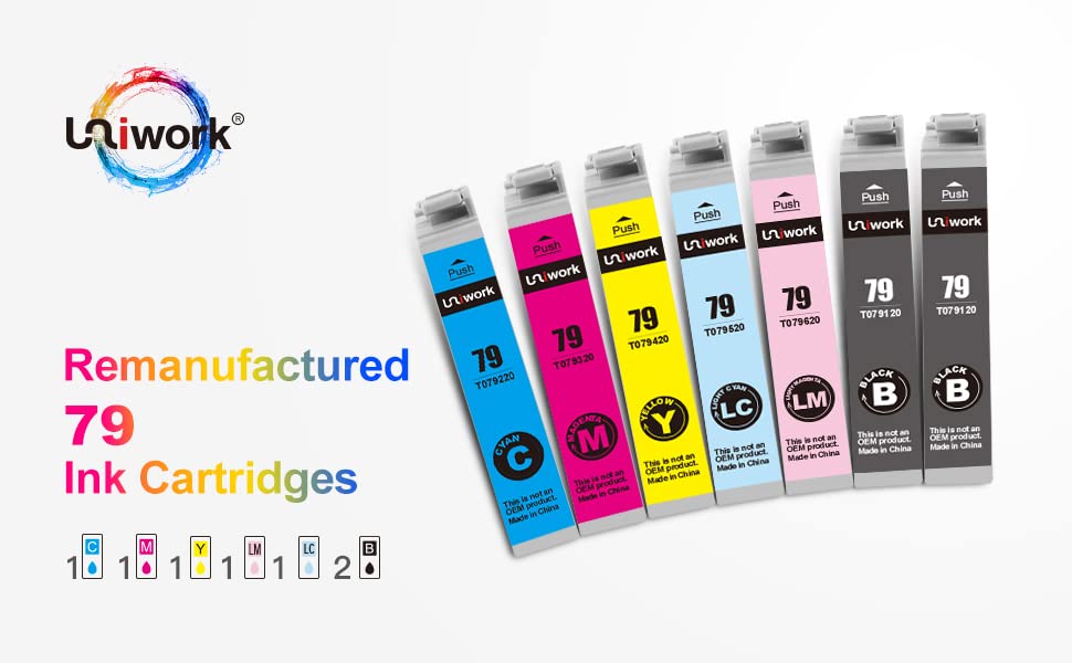 Uniwork Remanufactured 79 Ink Cartridge Replacement for Epson 79 Ink Cartridges use with Artisan 1430 Stylus Photo 1400 Printer (2 Black 1 Cyan 1 Magenta 1 Yellow 1 Light Cyan 1 Light Magenta) 7 Pack