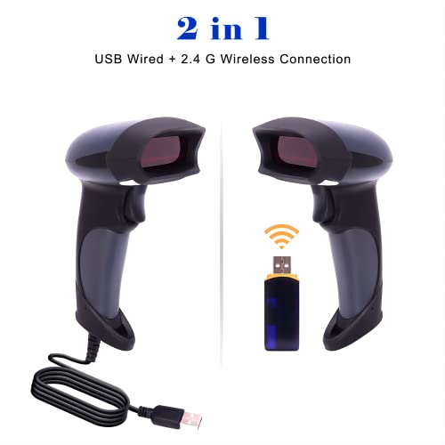 Wireless Handheld Barcode Scanner BEVA 2-in-1 Wired Bar Code Reader 2.4GHz Wireless & USB 2.0 Wired Handheld Bar Code Scanner 1D Laser Barcode Reader for POS PC Laptop and Computer