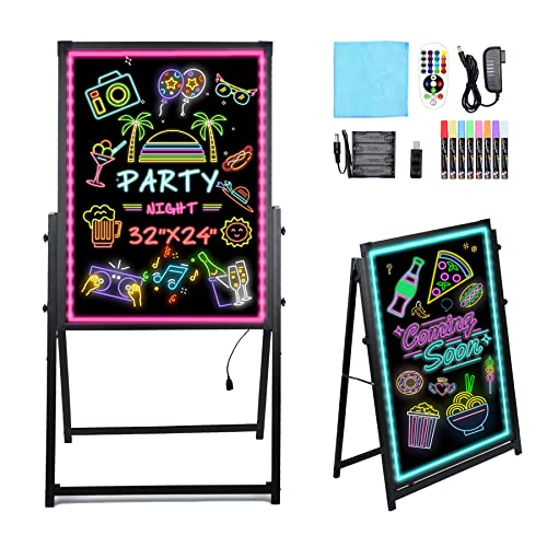 Hosim Standing A-Frame LED Message Writing Board, 32” x 24" Illuminated Erasable Neon Effect Restaurant Menu Sign, Flashing Mode DIY Message Chalkboard for Kitchen Wedding Promotions