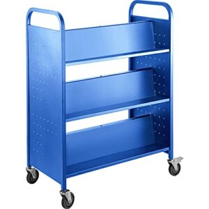 bestequip book cart, 200lbs library cart, 49.2”x35.4”x18.9” rolling book cart, double sided w-shaped sloped shelves with lockable wheels for home shelves office school book truck blue