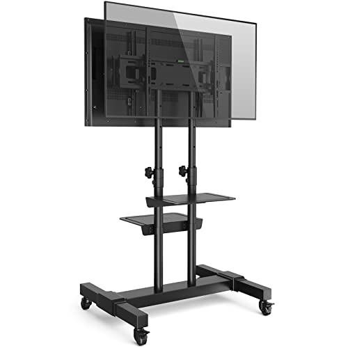 Rfiver Dual Monitors Mobile TV Cart with Tilt Mount for 37-80 Inch Flat Screen/Curved TVs, 2-Shelf Rolling TV Stand with Locking Wheels, Adjustable Floor TV Trolley for Trade Show, Extra Tall