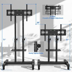 Rfiver Dual Monitors Mobile TV Cart with Tilt Mount for 37-80 Inch Flat Screen/Curved TVs, 2-Shelf Rolling TV Stand with Locking Wheels, Adjustable Floor TV Trolley for Trade Show, Extra Tall