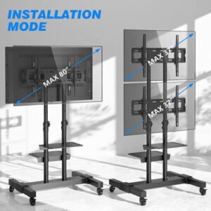 Rfiver Dual Monitors Mobile TV Cart with Tilt Mount for 37-80 Inch Flat Screen/Curved TVs, 2-Shelf Rolling TV Stand with Locking Wheels, Adjustable Floor TV Trolley for Trade Show, Extra Tall