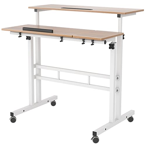 sogesfurniture Height Adjustable Sit Stand Workstation Mobile Standing Desk Home Office Desk with Standing and Seating,Oak