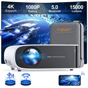 projector with wifi and bluetooth, 4k support native 1080p outdoor projector yaber v8 15000 lumens 450 ansi 300″ display, 4p 4d keystone&zoom portable movie projector for hdmi vga usb ios android