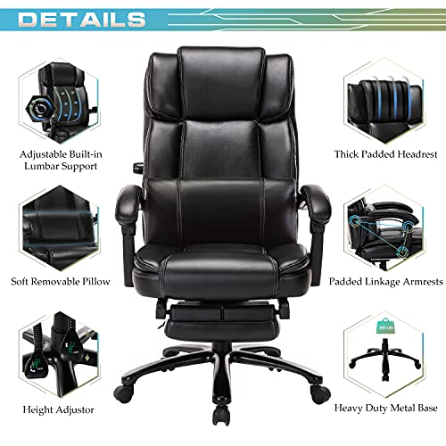 COLAMY High-Back Reclining Office Chair with Footrest, Big Tall Bonded Leather Adjustable Tilt Angle Height Lumbar Support Home Desk Task Executive Chair, Black