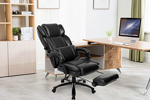 COLAMY High-Back Reclining Office Chair with Footrest, Big Tall Bonded Leather Adjustable Tilt Angle Height Lumbar Support Home Desk Task Executive Chair, Black