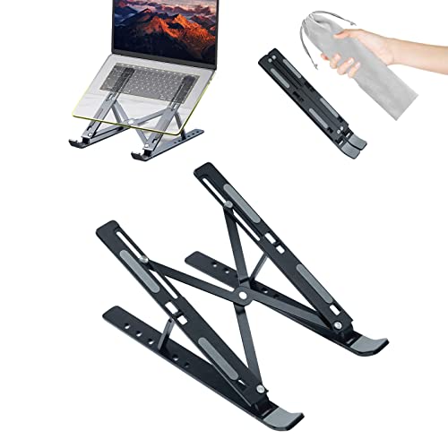 DTech Fold Flat Laptop Stand Riser Holder Dock Adjustable Height Aluminum Alloy Nonslip Adhesive Portable Foldable Computer Cradle for Travel Home Office Desk Notebook Tablet 9- 15.6 inch, Black