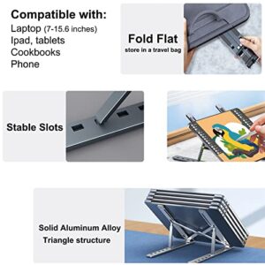 DTech Fold Flat Laptop Stand Riser Holder Dock Adjustable Height Aluminum Alloy Nonslip Adhesive Portable Foldable Computer Cradle for Travel Home Office Desk Notebook Tablet 9- 15.6 inch, Black