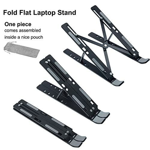 DTech Fold Flat Laptop Stand Riser Holder Dock Adjustable Height Aluminum Alloy Nonslip Adhesive Portable Foldable Computer Cradle for Travel Home Office Desk Notebook Tablet 9- 15.6 inch, Black
