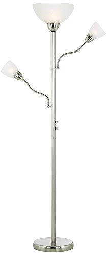 Possini Euro Design Alexei Modern Torchiere Floor Lamp Tree 3-Light Gooseneck Arm 72" Tall Brushed Nickel White Crackle Glass Pole Dimmer Living Room Reading House Bedroom Home Office