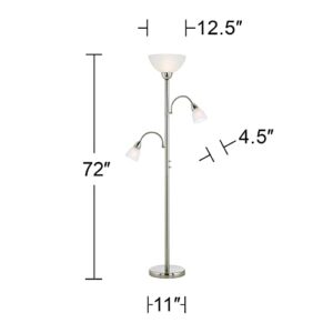 Possini Euro Design Alexei Modern Torchiere Floor Lamp Tree 3-Light Gooseneck Arm 72" Tall Brushed Nickel White Crackle Glass Pole Dimmer Living Room Reading House Bedroom Home Office