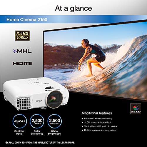 Epson Home Cinema 2150, Wireless, Full HD, 1080p, 2,500 lumens color brightness (color light output), 2,500 lumens white brightness (white light output), 2x HDMI (1 MHL), Miracast, 3LCD projector