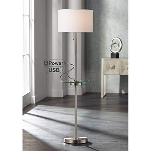 360 Lighting Caper Modern Floor Lamp with Tray USB and AC Power Outlet on Table Glass 60.5" Tall Satin Nickel White Fabric Drum Shade for Living Room Reading House Bedroom