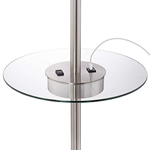 360 Lighting Caper Modern Floor Lamp with Tray USB and AC Power Outlet on Table Glass 60.5" Tall Satin Nickel White Fabric Drum Shade for Living Room Reading House Bedroom