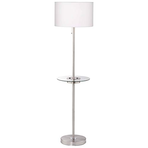 360 Lighting Caper Modern Floor Lamp with Tray USB and AC Power Outlet on Table Glass 60.5" Tall Satin Nickel White Fabric Drum Shade for Living Room Reading House Bedroom