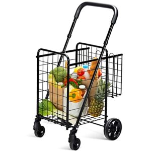 shopping cart with dual swivel wheels for groceries – compact folding portable cart saves space – with adjustable handle height (black)