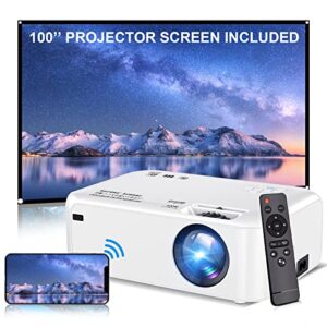 mini portable wifi projector 1080p-supported for outdoor – native 720p movie projector compatible w/ smartphone, laptop, dvd, with 100″ projector screen for home entertainment, 60000 hrs lamp lifetime