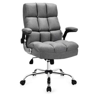 giantex executive office chair, big and tall ergonomic computer chair, adjustable tilt angle and flip-up armrest linen fabric upholstered chair with thick padding, high back managerial chair (grey)