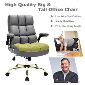 Giantex Executive Office Chair, Big and Tall Ergonomic Computer Chair, Adjustable Tilt Angle and Flip-up Armrest Linen Fabric Upholstered Chair with Thick Padding, High Back Managerial Chair (Grey)