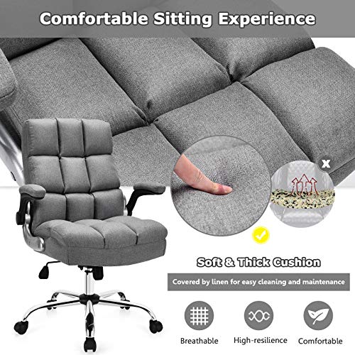 Giantex Executive Office Chair, Big and Tall Ergonomic Computer Chair, Adjustable Tilt Angle and Flip-up Armrest Linen Fabric Upholstered Chair with Thick Padding, High Back Managerial Chair (Grey)