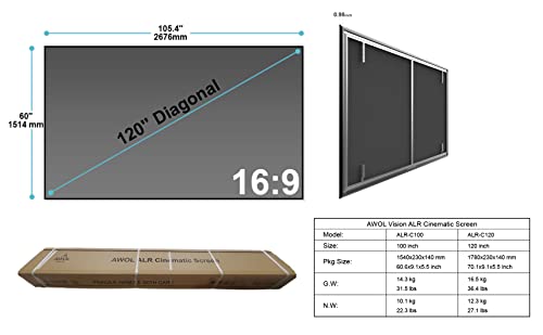 AWOL VISION Ambient Light Rejecting (ALR) Projector Screen for Ultra Short Throw(UST) Projector, 120" Fixed Frame, 80% Picture Quality Improved, 95% Celling Light Rejecting(CLR), Active 3D - C120