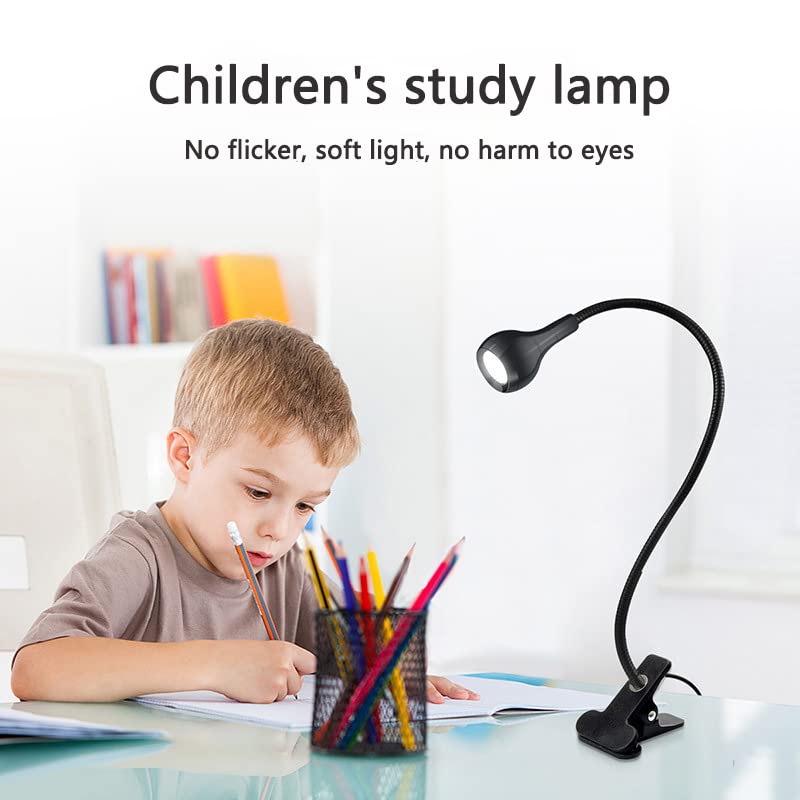 LED Desk Lamp Clip On Light,360°Flexible Gooseneck and Clamp Reading Light,Portable USB Powered Task Light with Clamp ,Night Light Clip on for Desk, Bed Headboard and Computers Black