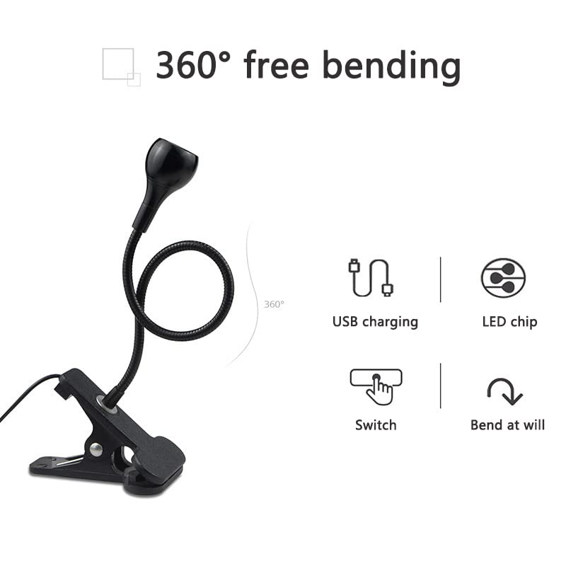 LED Desk Lamp Clip On Light,360°Flexible Gooseneck and Clamp Reading Light,Portable USB Powered Task Light with Clamp ,Night Light Clip on for Desk, Bed Headboard and Computers Black