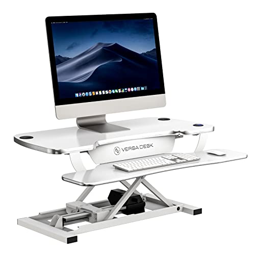 VERSADESK Electric Standing Desk Converter, PowerPro Height-Adjustable Sit Stand Desktop Riser with Keyboard Tray, USB Charging Port, 36" X 24", White