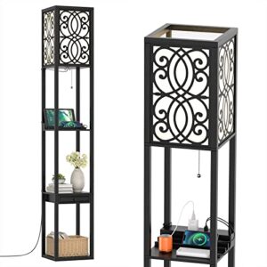 tangkula floor lamp with shelves and drawer, modern shelf floor lamp with 1 power outlet and 2 usb ports, standing floor lamp for living room and bedroom, black (carved)