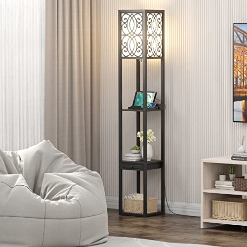 Tangkula Floor Lamp with Shelves and Drawer, Modern Shelf Floor Lamp with 1 Power Outlet and 2 USB Ports, Standing Floor Lamp for Living Room and Bedroom, Black (Carved)