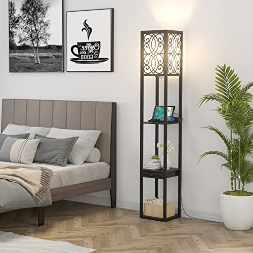Tangkula Floor Lamp with Shelves and Drawer, Modern Shelf Floor Lamp with 1 Power Outlet and 2 USB Ports, Standing Floor Lamp for Living Room and Bedroom, Black (Carved)