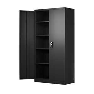 metal storage cabinet,72″ locking metal storage cabinet,with 2 doors and 4 adjustable shelves,for storage office,garage,home,classroom,shop,pantry(black)