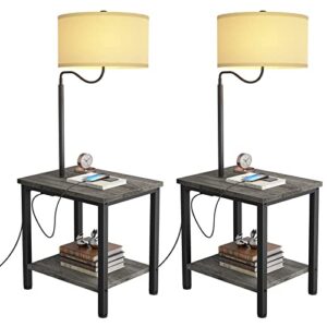 litymax led floor lamp with table – end table with usb charging port, power outlet, bedside nightstand shelves, side table with reading standing light for living room, black oak, bulb included, 2 pack