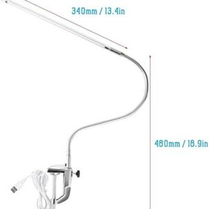 Salmue LED Desk Lamp with Clamp, USB Adjustable Direction and Brightness Clip Eye-Caring Table Lamps for Reading, Study, Tattoo Light,Beauty Manicure, White, 10W