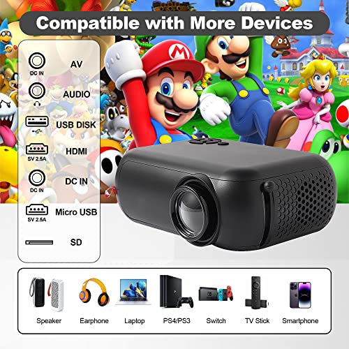 Mini Projector, Amlink 2023 Upgraded Mini Portable Projector 1080P Supported, Home Theater Video Projector Compatible with Full HD 1080P HDMI, TV Stick/USB/Laptop/Smartphone, Black