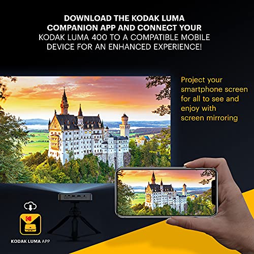 KODAK Luma 400 Portable HD Smart Projector | Wi-Fi, Bluetooth, HDMI & USB Compatible Mini Home Theater System Up to 150” | 720p Native Resolution (4K), 200 ansi Lumens | Tripod Included