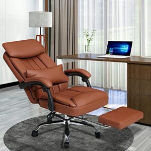 High Back Office Chair with Lumbar Support and Footrest, Leather Executive Computer Desk Chair with Padded Headrest and Armrest, Adjustable Height Tilt Angle Swivel Task Chair for Home Office (Brown)