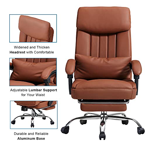 High Back Office Chair with Lumbar Support and Footrest, Leather Executive Computer Desk Chair with Padded Headrest and Armrest, Adjustable Height Tilt Angle Swivel Task Chair for Home Office (Brown)