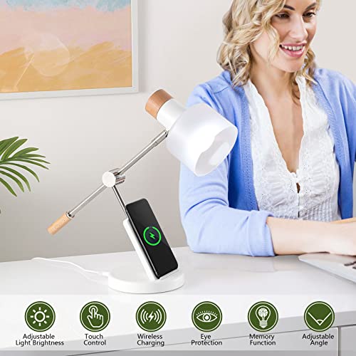 DAUH LED Desk Lamp, Desk Lights for Home Office, Desk Lamp with 15W Wireless Charger, 180° Adjustable Touch Lamp, Applicable to Bedroom Bedside Office Study, 7W, 6500k