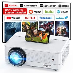 5g wifi bluetooth projector,minlove native 1080p home movie theater projector with 100″ screen,450″ display 9800l full hd video projector for business ceiling,for hdmi,ios,android,tv stick,pc,ps5,usb