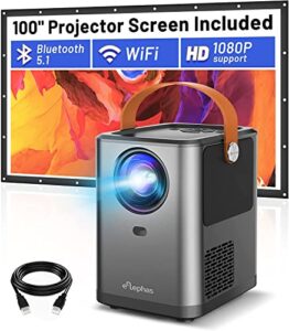 [2022 upgraded] mini wifi bluetooth projector, ellephas 1080p full hd supported movie projector, home theater projector with 100″ projector screen & zoom, compatible with android/ios/pc/tv stick/ps4