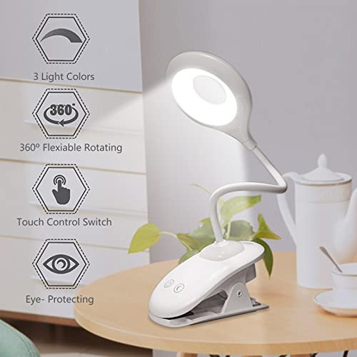 Rechargeable Desk Lamp, Clip on Reading Light with Small Night Light, 3 Light Temperture, Adjustable Brightness Levels, Perfect Table Lamp Book Light for Reading, Bedside, Home Office, Kids, Adults