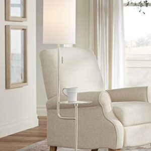 Possini Euro Design Piccolo Modern Floor Lamp with Tray End Table 60 1/2" Tall Brushed Nickel Silver Tempered Glass White Cylinder Shade Decor for Living Room Reading House Bedroom Office