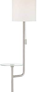 Possini Euro Design Piccolo Modern Floor Lamp with Tray End Table 60 1/2" Tall Brushed Nickel Silver Tempered Glass White Cylinder Shade Decor for Living Room Reading House Bedroom Office