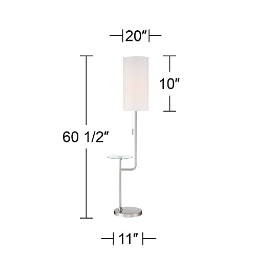 Possini Euro Design Piccolo Modern Floor Lamp with Tray End Table 60 1/2" Tall Brushed Nickel Silver Tempered Glass White Cylinder Shade Decor for Living Room Reading House Bedroom Office