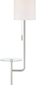 Possini Euro Design Piccolo Modern Floor Lamp with Tray End Table 60 1/2" Tall Brushed Nickel Silver Tempered Glass White Cylinder Shade Decor for Living Room Reading House Bedroom Office
